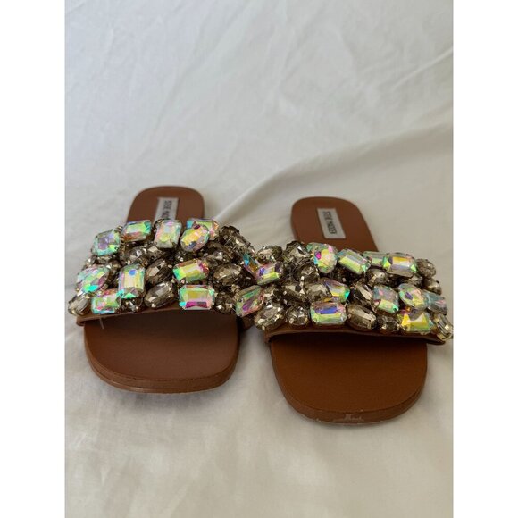 Steve Madden Brionna Rhinestone Flats Tan Leather Jewel Embellished Sandals 7.5 - Picture 12 of 16